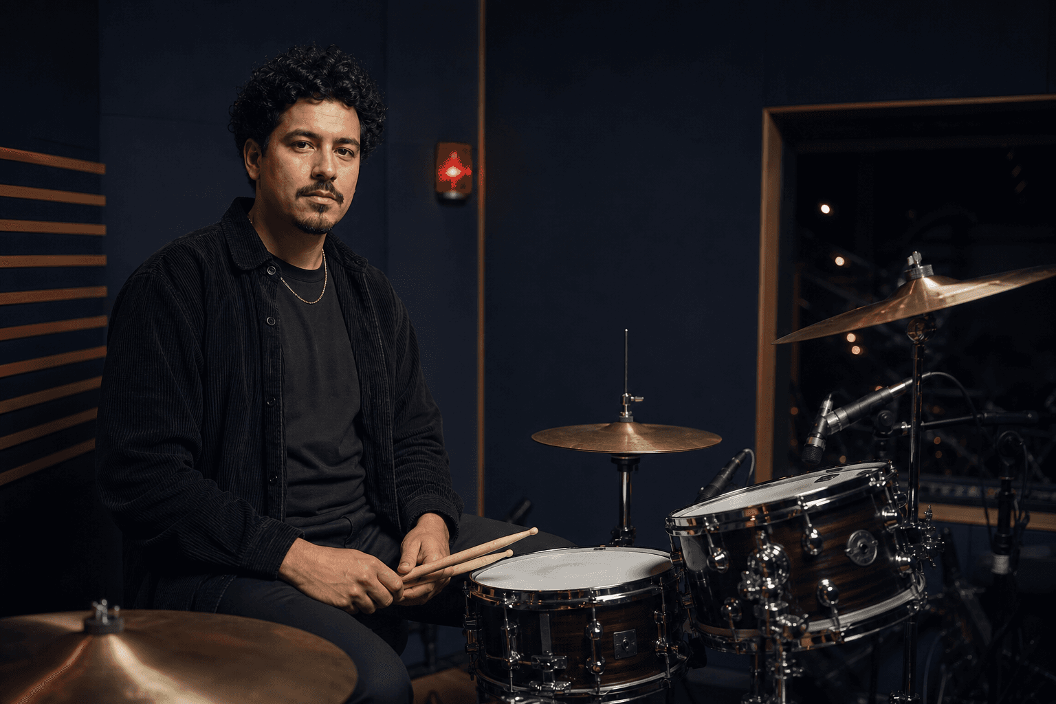 Session drummer working at a recording studio