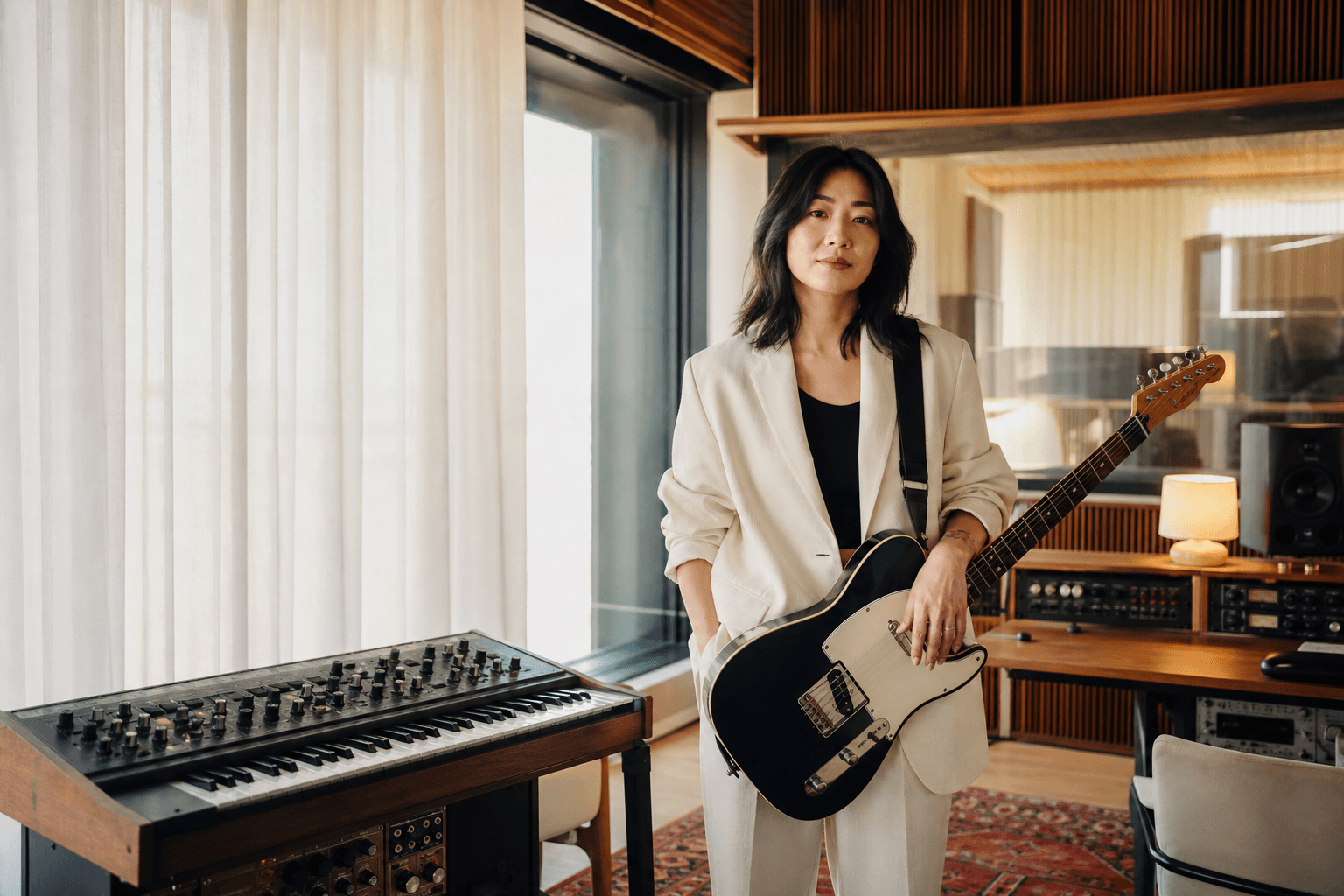Professional guitarist and keyboard player in a modern recording studio